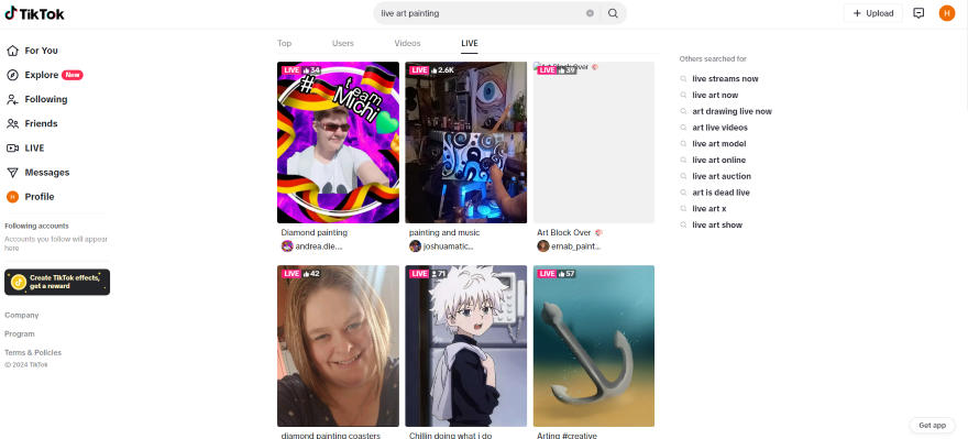 Screenshot of TikTok Lives, showcasing some live painting streams