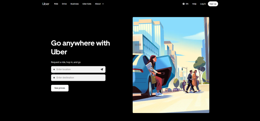 Screenshot of Uber's homepage with a black background and UVP stating: "Go anywhere with Uber"