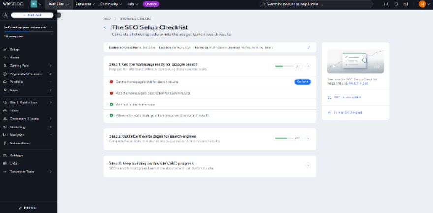 Screenshot of Wix's SEO checklist from the dashboard listing website next steps