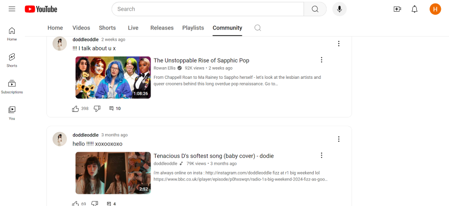 Screenshot of a YouTube profile showcasing the community tab where users can reply to videos about them.