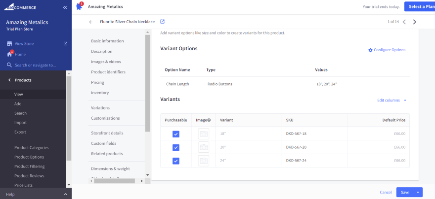 Screenshot of BigCommerce's dashboard, with a product listing that has multiple variants added to it with SKUs and pricing