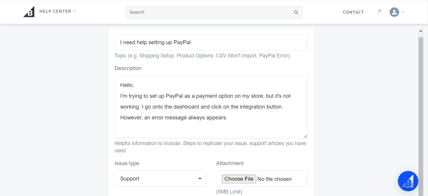 Screenshot of a BigCommerce email form used to contact staff on product issues