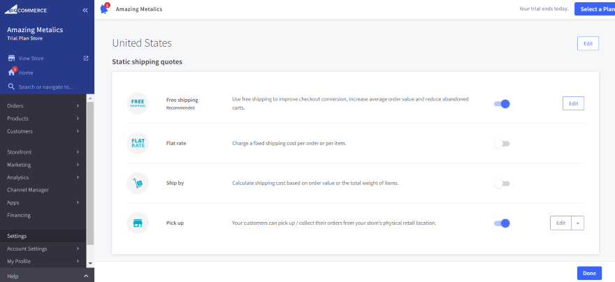 Screenshot of BigCommerce's Dashboard Showcasing multiple shipping option toggle for your store