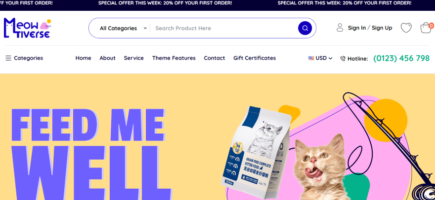 Screenshot of a demo website homepage of one of BigCommerce's pet industry templates