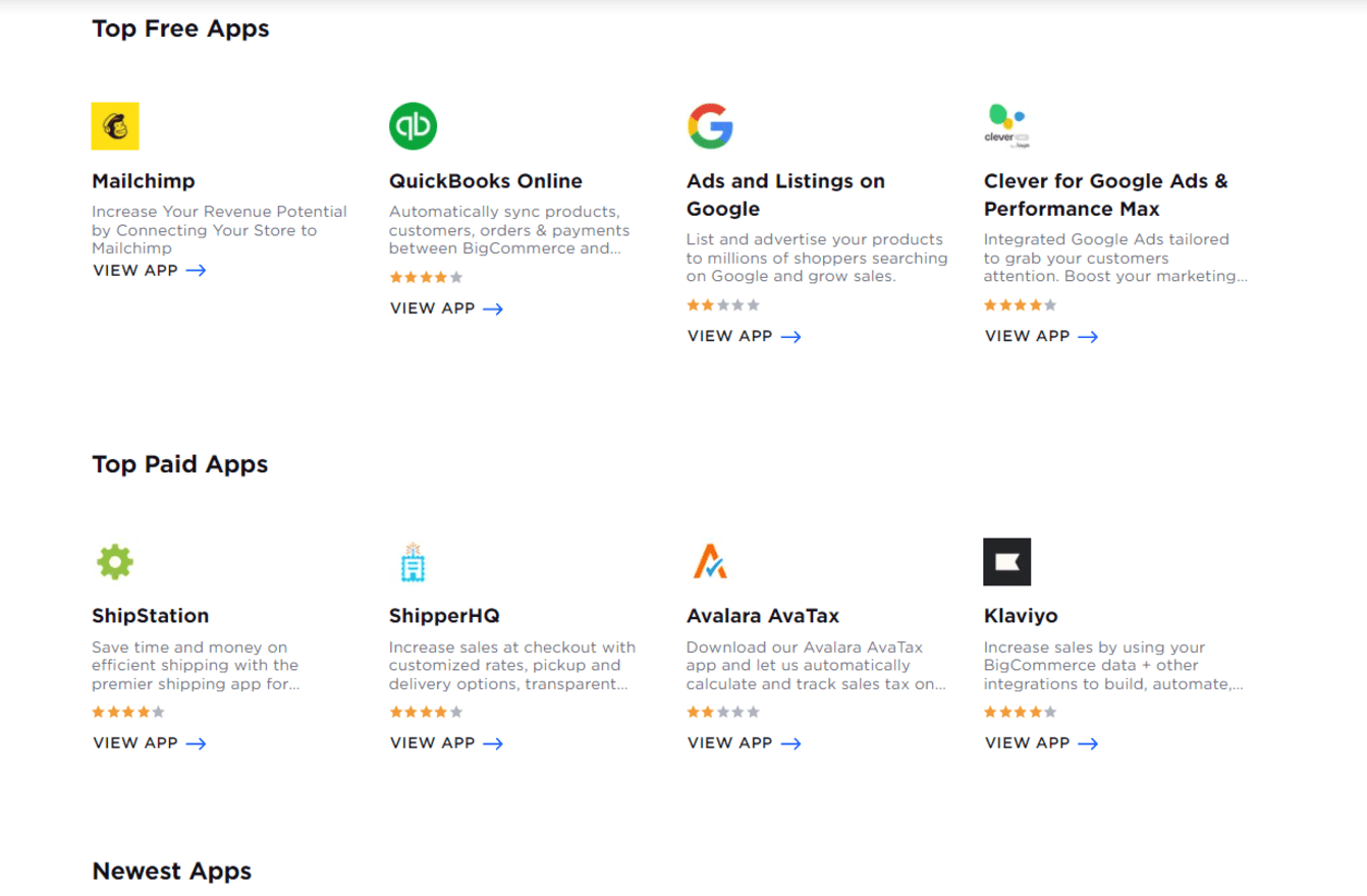 bigcommerce's app store showing the top four free and paid apps