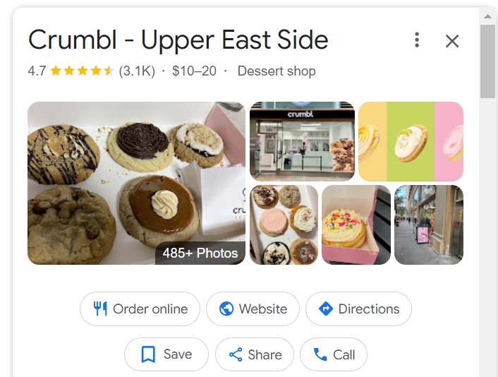 Crumbl business search result showing Google store ratings with the business information