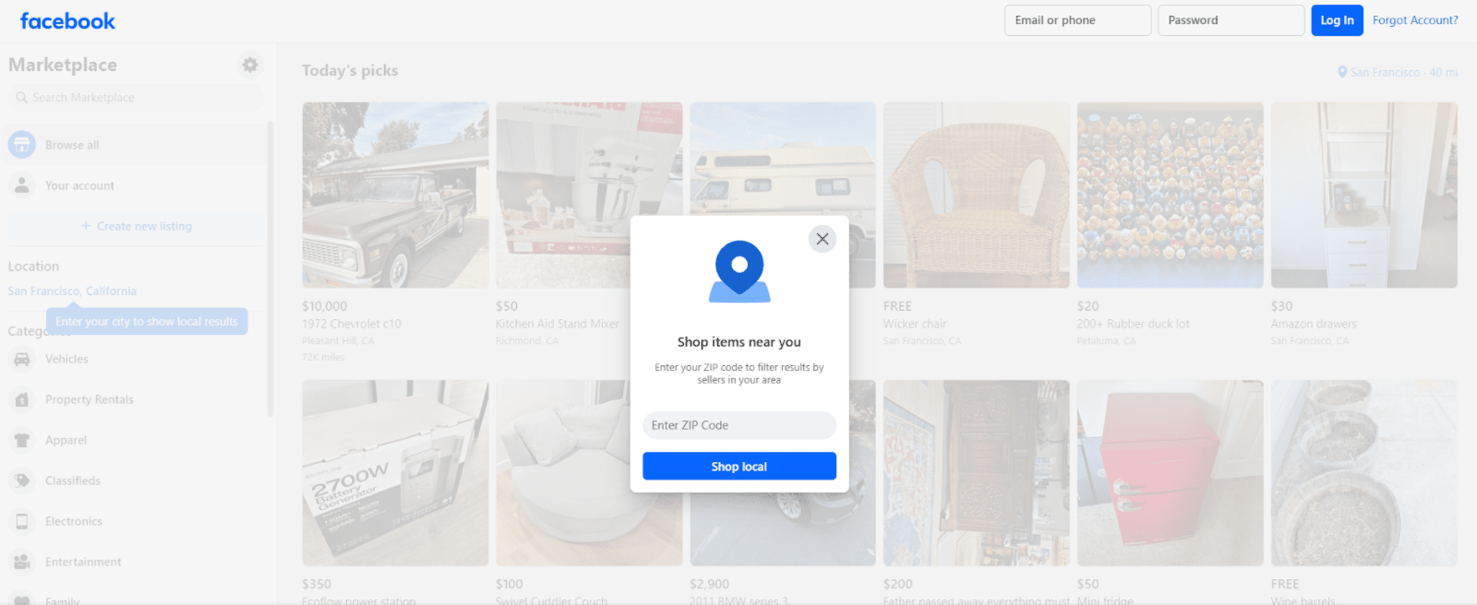 facebook marketplace prompt to enter zip code