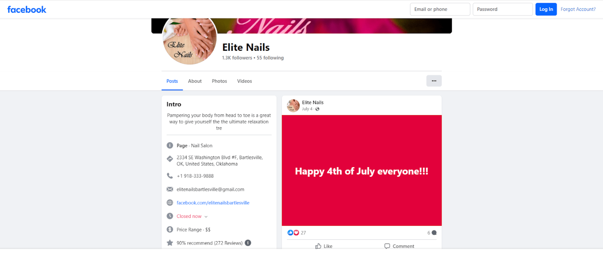 facebook business page example from Elite Nails salon