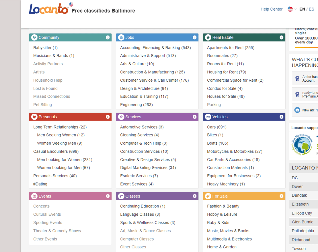 locanto categories page showing 9 key categories