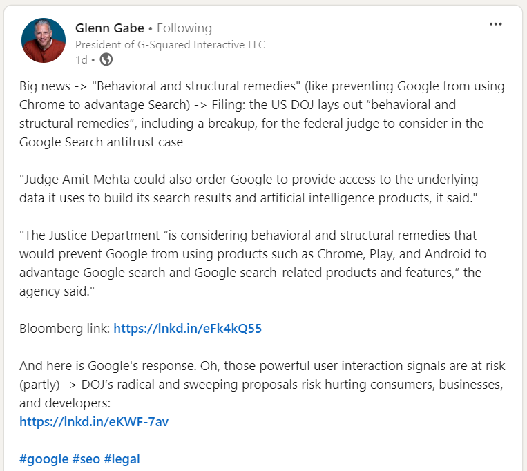 Post by Glenn Gabe on LinkedIn about potential Google breakup