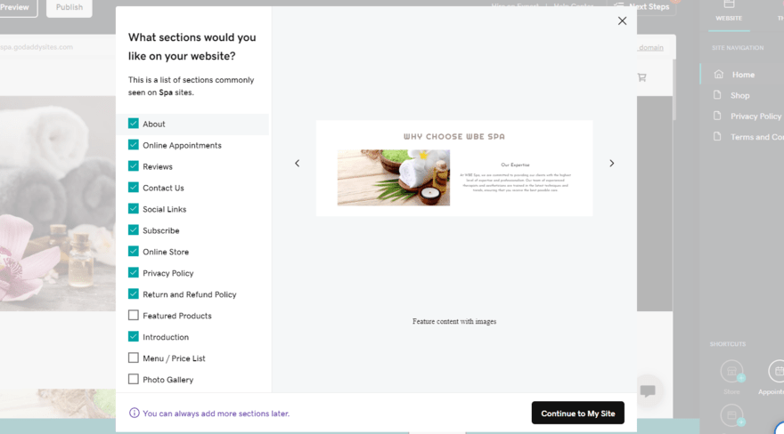 Pop up in GoDaddy's editor asking what type of sections you want for your website