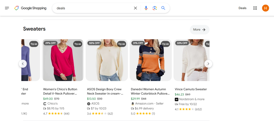 Screenshot of Google Shopping's Deals page with recommended sweaters