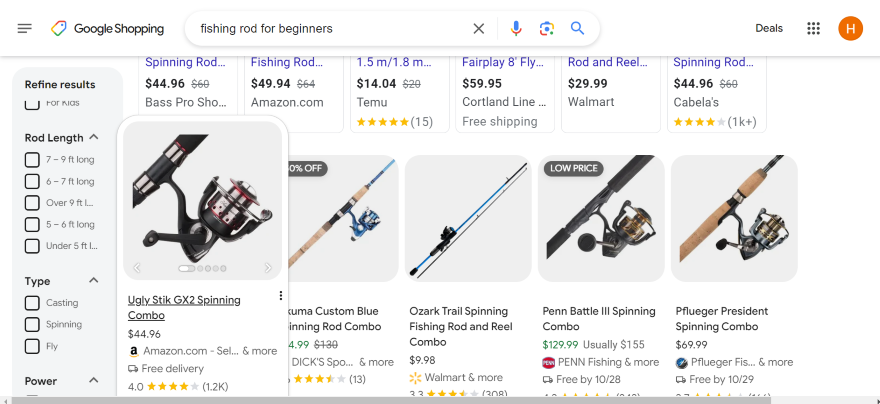 Screenshot of Google Shopping search results for fishing rods with category filters to tick