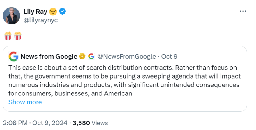 Post on X by Lily Ray reacting to Google's post about the DOJ proposal