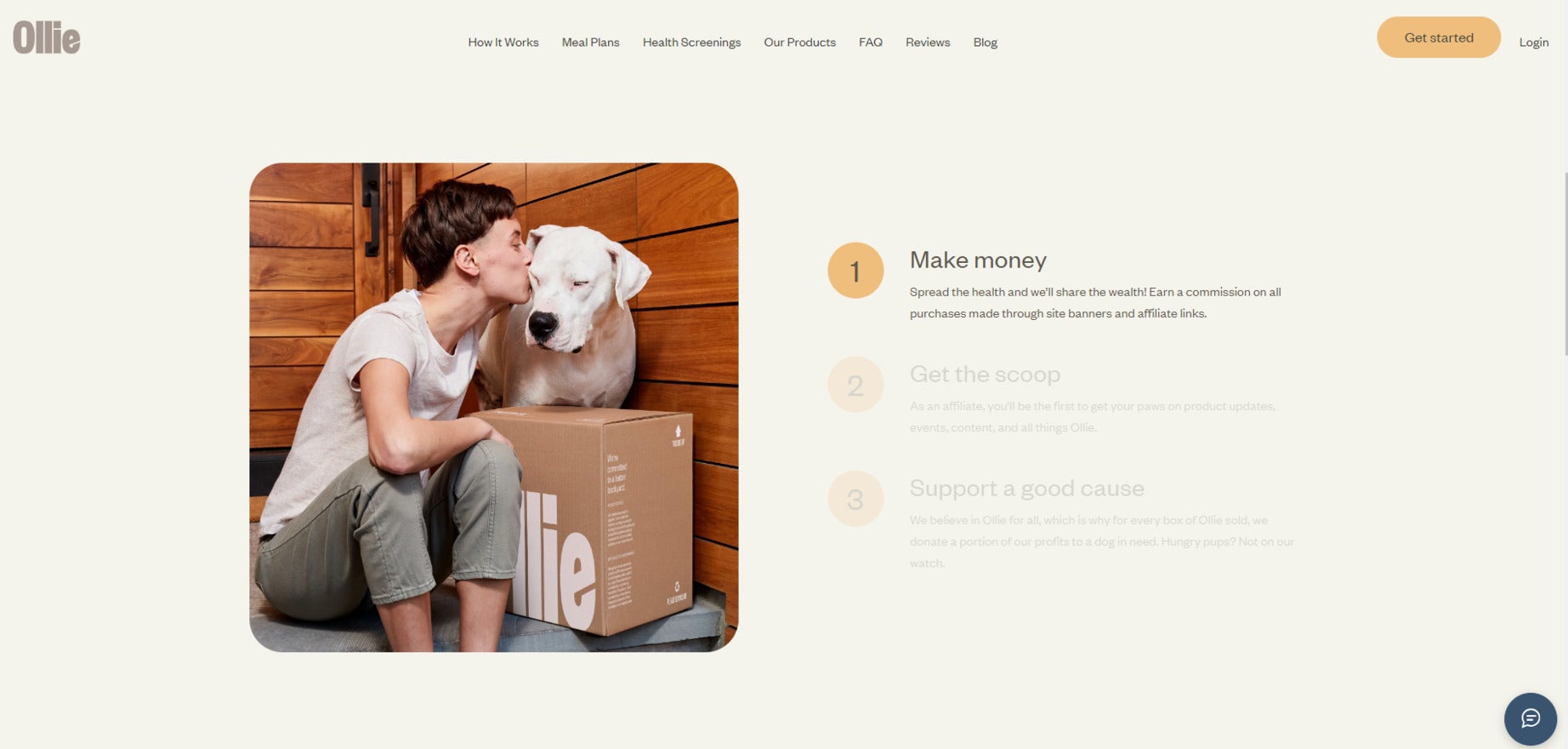 Ollie website page explaining how affiliate program works, with a picture of a man kissing a dog