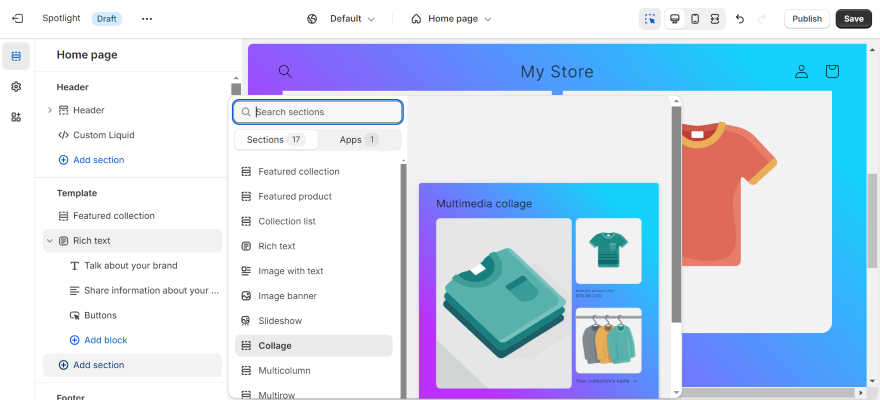 Screenshot of Shopify's editor when adding different sections to a website