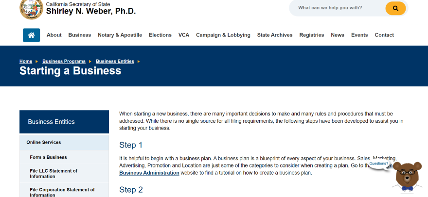 Screenshot of California's official page on how to start a business in the state