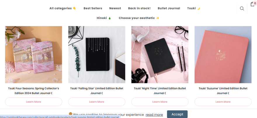 Screenshot of Notebook Therapy's product page with different notebook listings