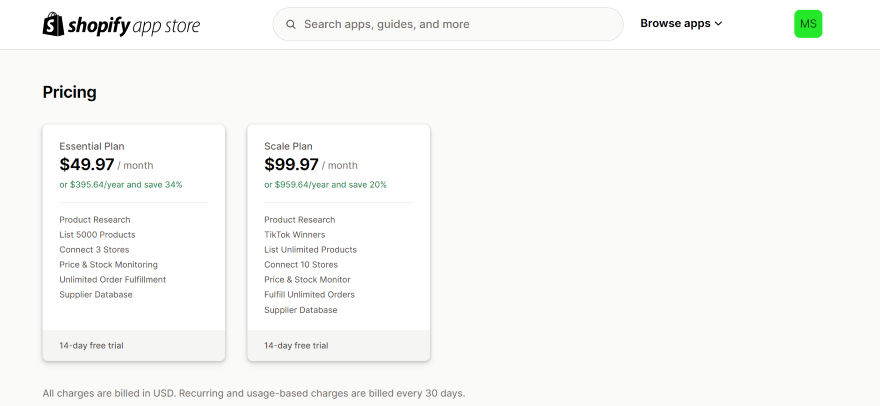 Screenshot of the pricing of a dropshipping app from the Shopify App Place