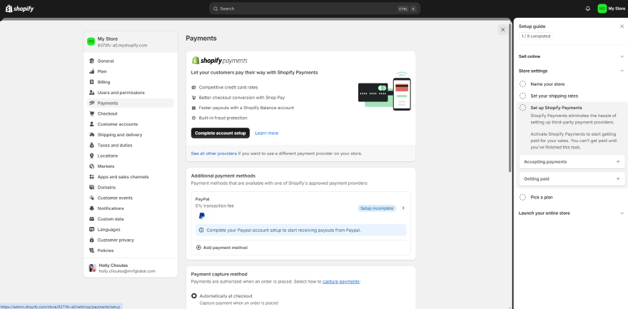 Screenshot of Shopify's dashboard with its payment settings