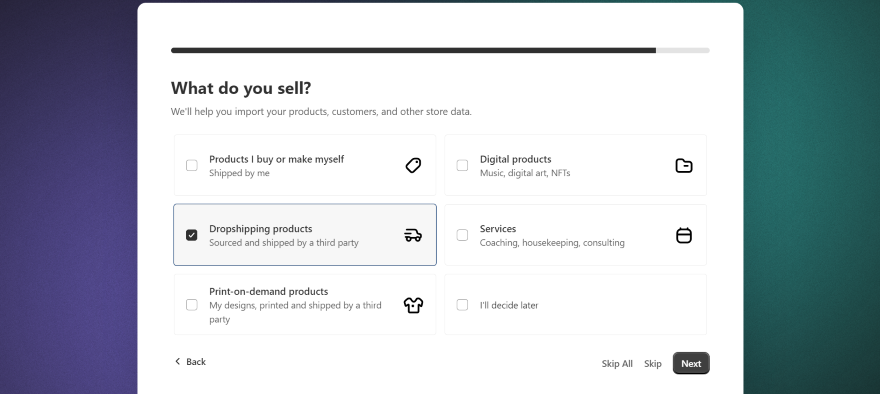 Screenshot of Shopify's signup form asking for the platforms a user wants to sell from