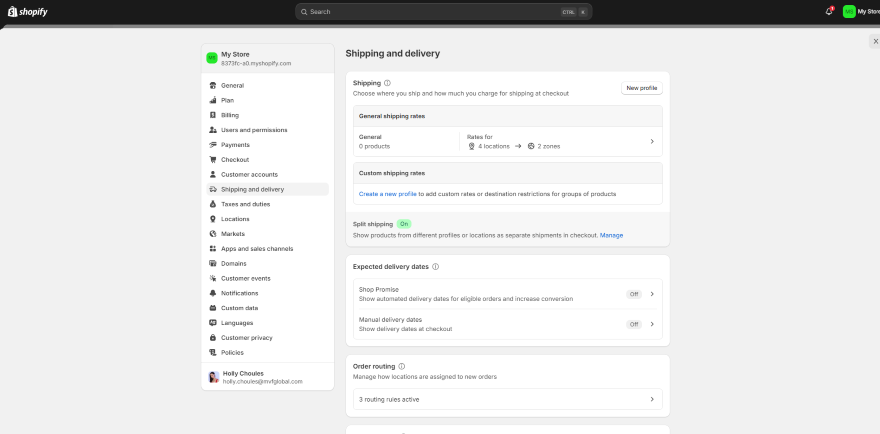 Screenshot of the Shopify dashboard with a list of shipping rules to edit