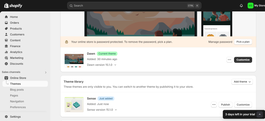 Screenshot of the Shopify dashboard allowing you to swap between themes