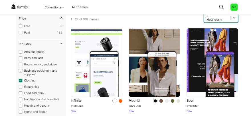 Screenshot of numerous Shopify themes available from the store