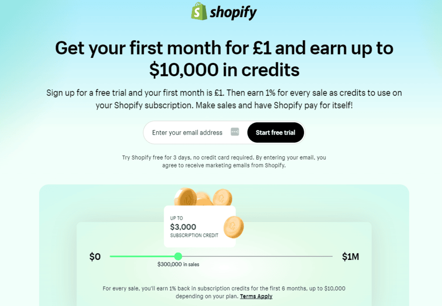 Shopify sign up page for its website builder