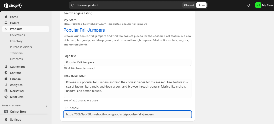 Screenshot of Shopify's dashboard product page with an area to change meta title, meta description, and custom URL