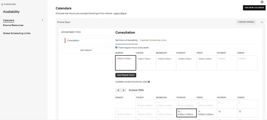 Squarespace Acuity Scheduling calendar view for taking appointments