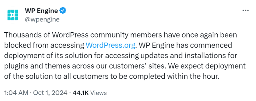 WP Engine post on X about the WordPress ban