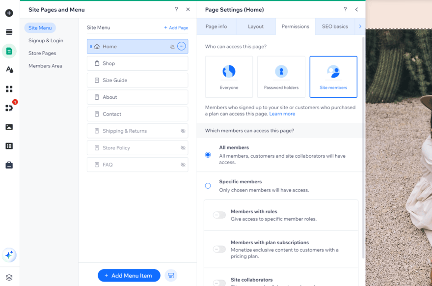 Setting page permissions in Wix for members only access