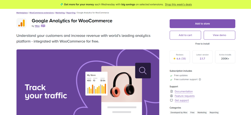 Screenshot of a WooCommerce app page for the Google Analytics integration