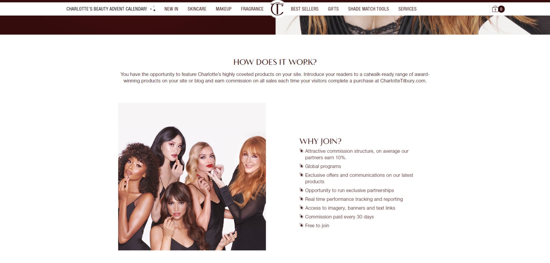 Charlotte Tilbury website showing a list of benefits of joining their affiliate program